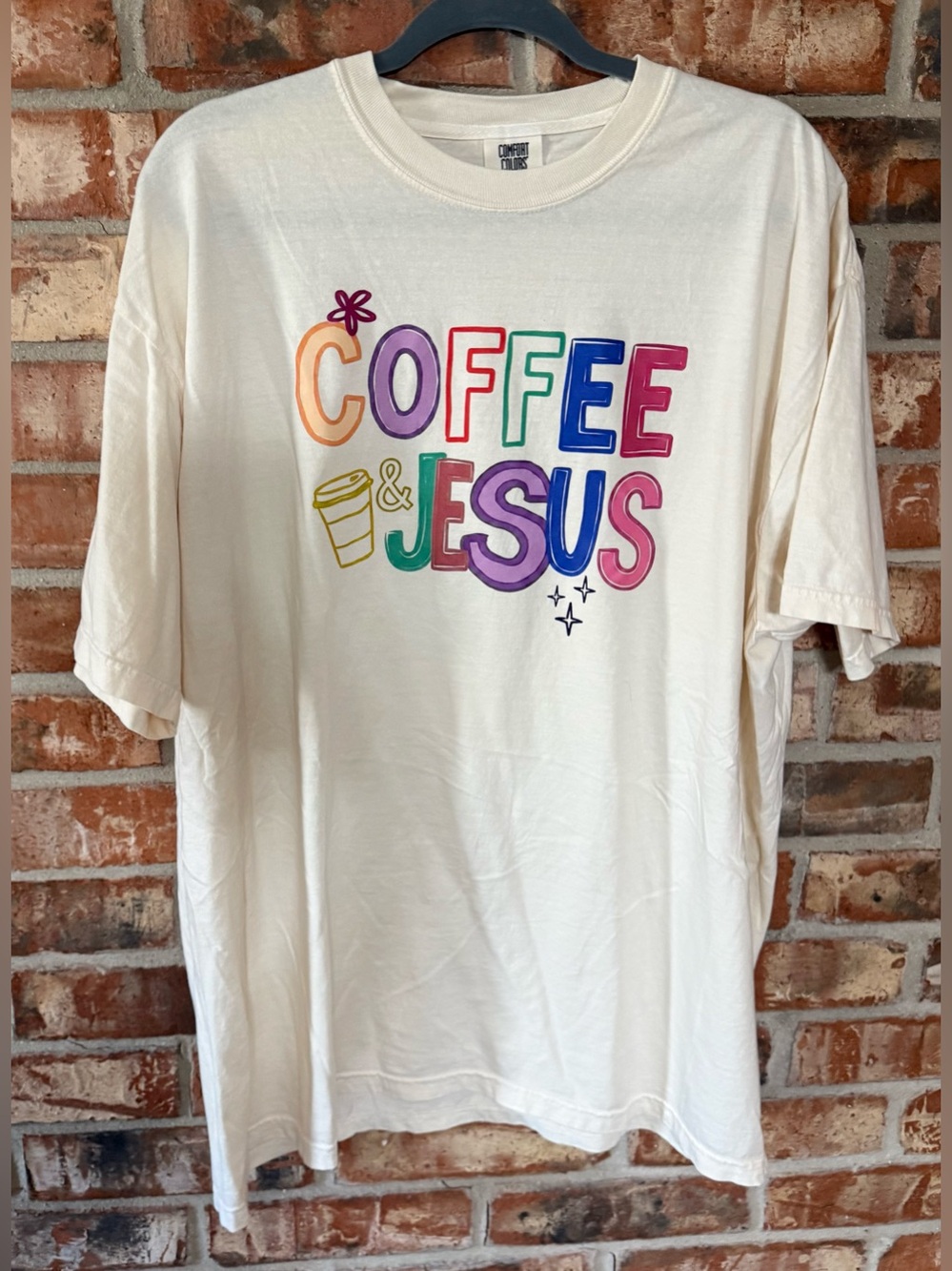 Comfort Colors Cream Tee with Multicolor "Coffee & Jesus" Graphic